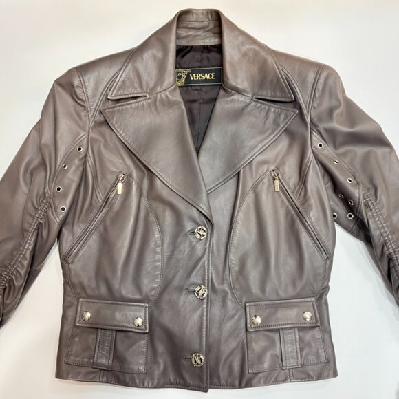 CRAZY COOL, SUPER RARE, NEW GIANNI VERSACE GRAY LEATHER PANT / JACKET SET 46 - Picture 2 of 16